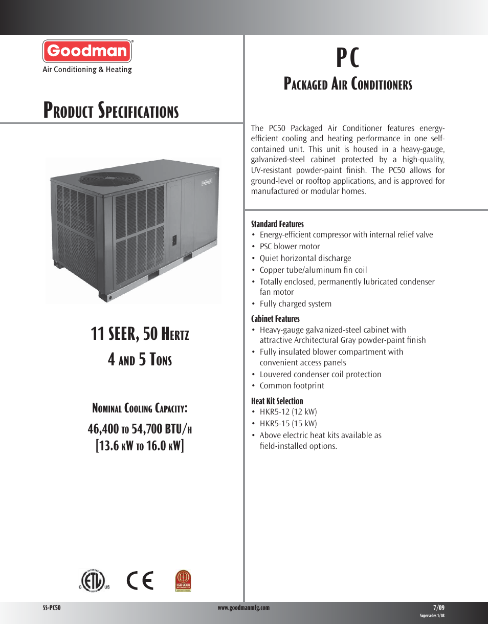 Goodman Mfg PC50 User Manual | 8 pages