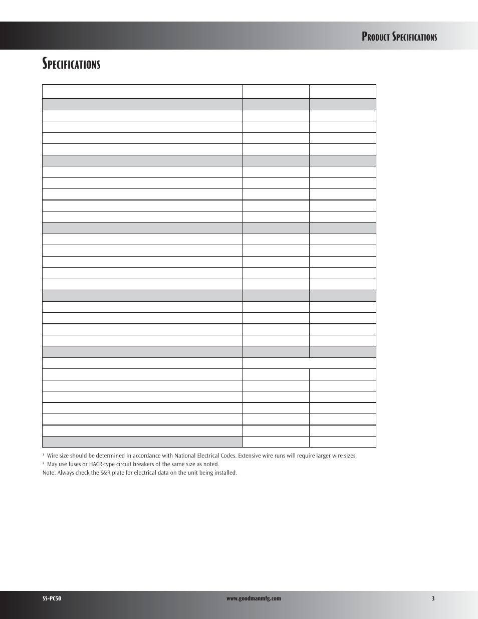 Pecifications | Goodman Mfg PC50 User Manual | Page 3 / 8