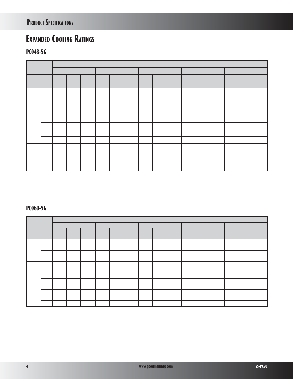 Xpanded, Ooling, Atings | Pc048-5g, Pc060-5g, Roduct, Pecifications | Goodman Mfg PC50 User Manual | Page 4 / 8