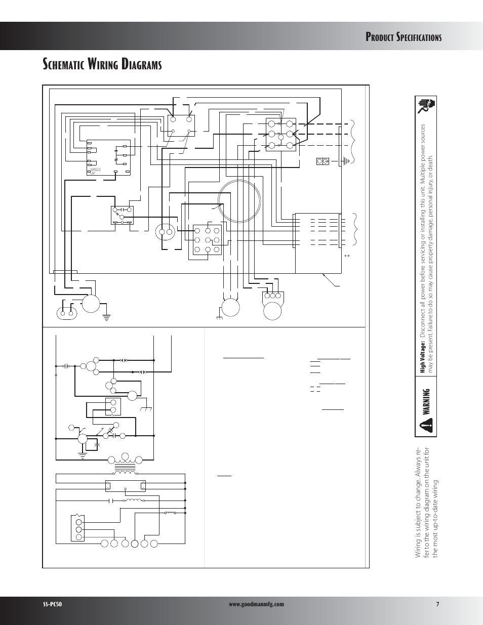 Chematic, Iring, Iagrams | Roduct, Pecifications, Warning | Goodman Mfg PC50 User Manual | Page 7 / 8