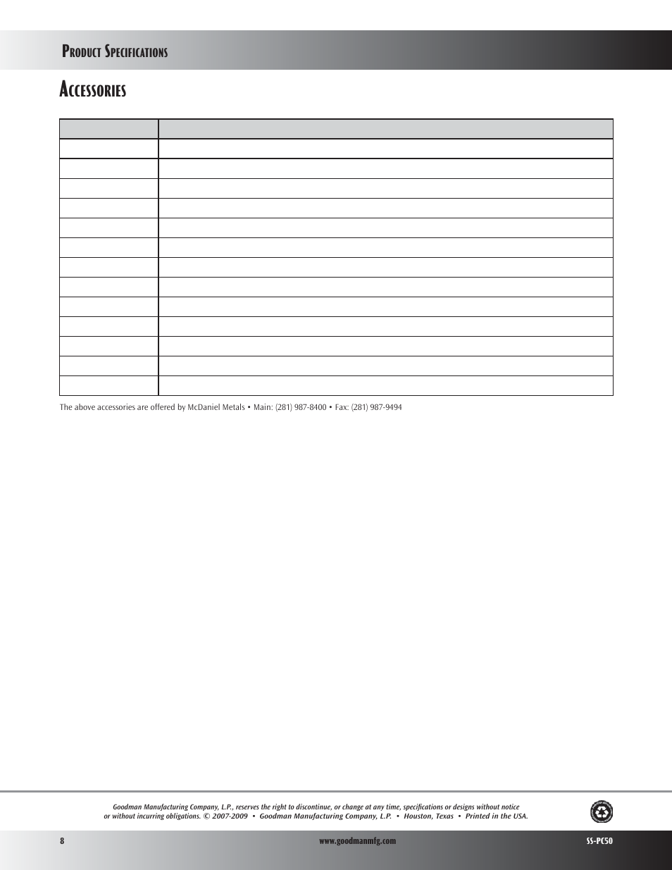 Ccessories | Goodman Mfg PC50 User Manual | Page 8 / 8