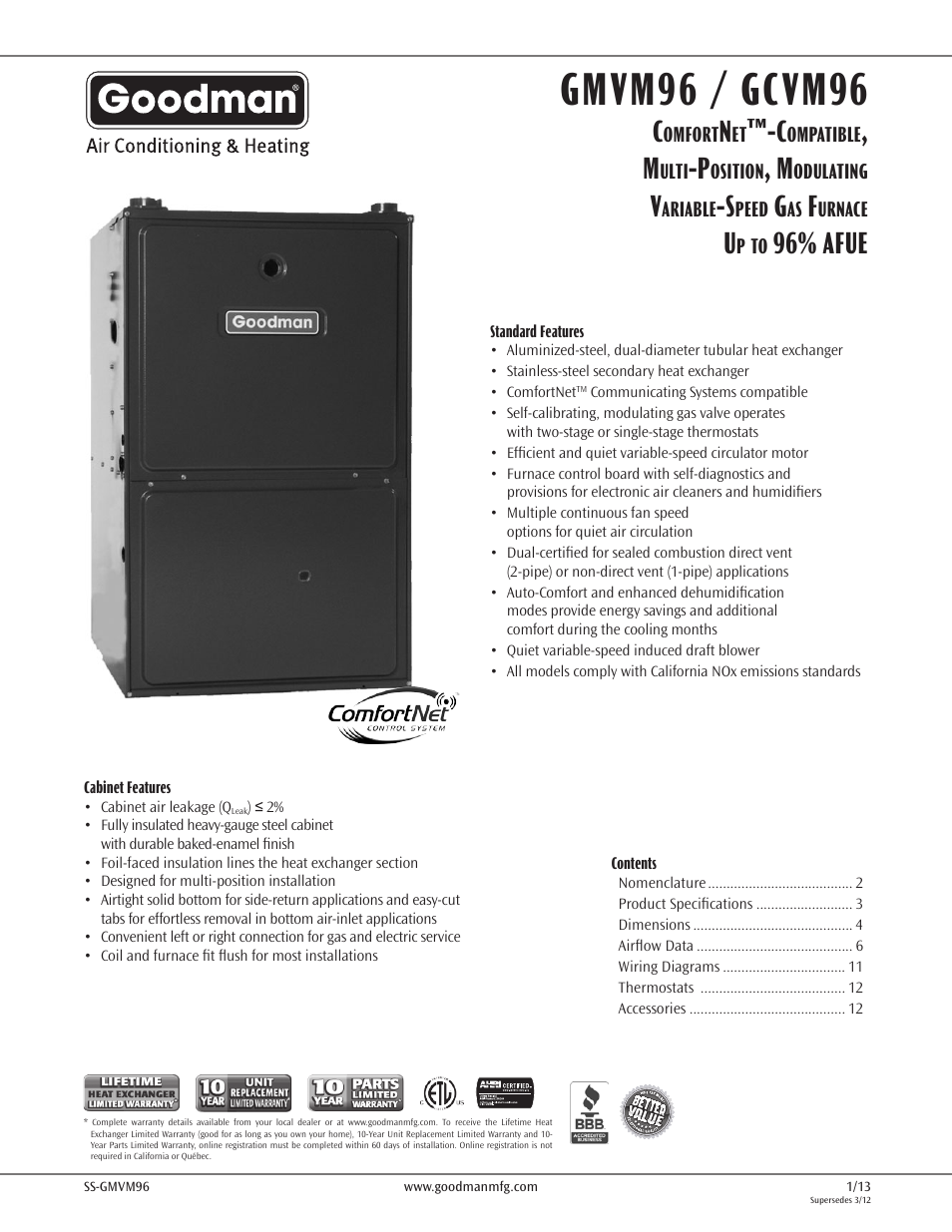 Goodman Mfg VARIABLE-SPEED GAS FURNACE GMVM96 User Manual | 12 pages