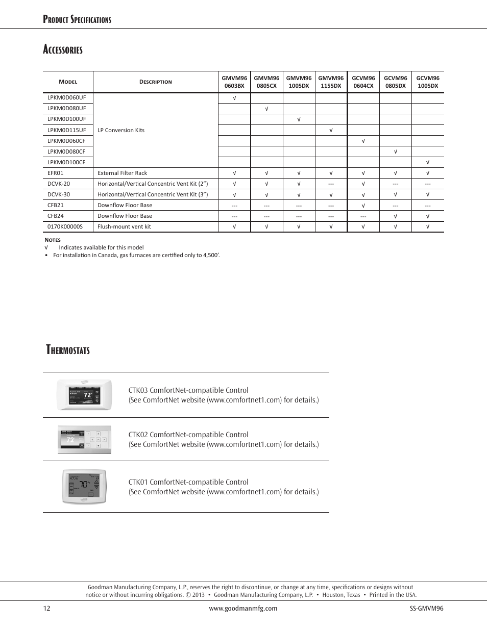 Ccessories, Hermostats | Goodman Mfg VARIABLE-SPEED GAS FURNACE GMVM96 User Manual | Page 12 / 12