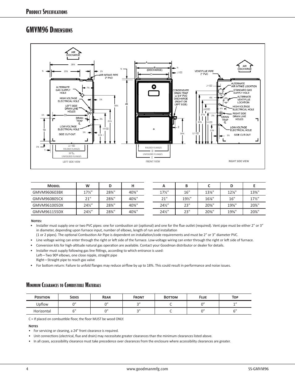 Gmvm96 d, Imensions | Goodman Mfg VARIABLE-SPEED GAS FURNACE GMVM96 User Manual | Page 4 / 12