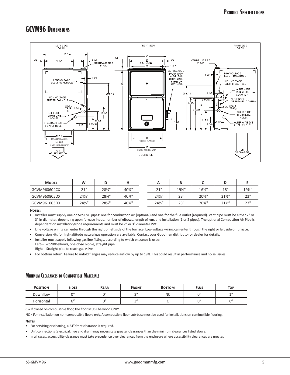 Gcvm96 d, Imensions | Goodman Mfg VARIABLE-SPEED GAS FURNACE GMVM96 User Manual | Page 5 / 12
