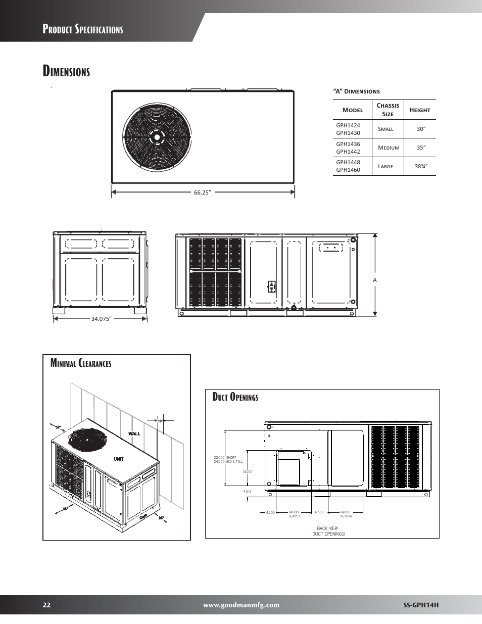 Dimensions, Imensions m, Roduct | Pecifications | Goodman Mfg GPH14H User Manual | Page 22 / 24
