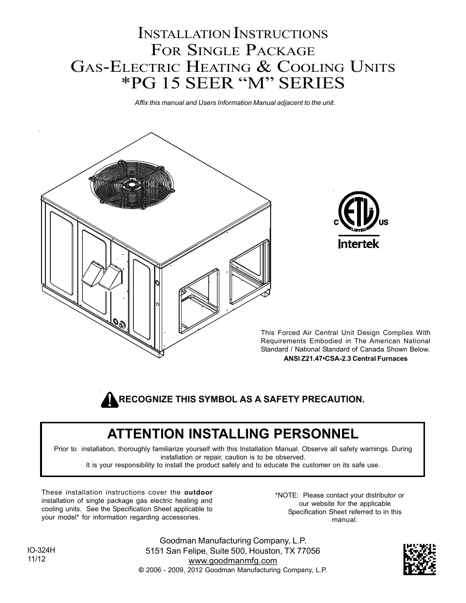 Goodman Mfg Seer "m" series PG 15 User Manual | 28 pages