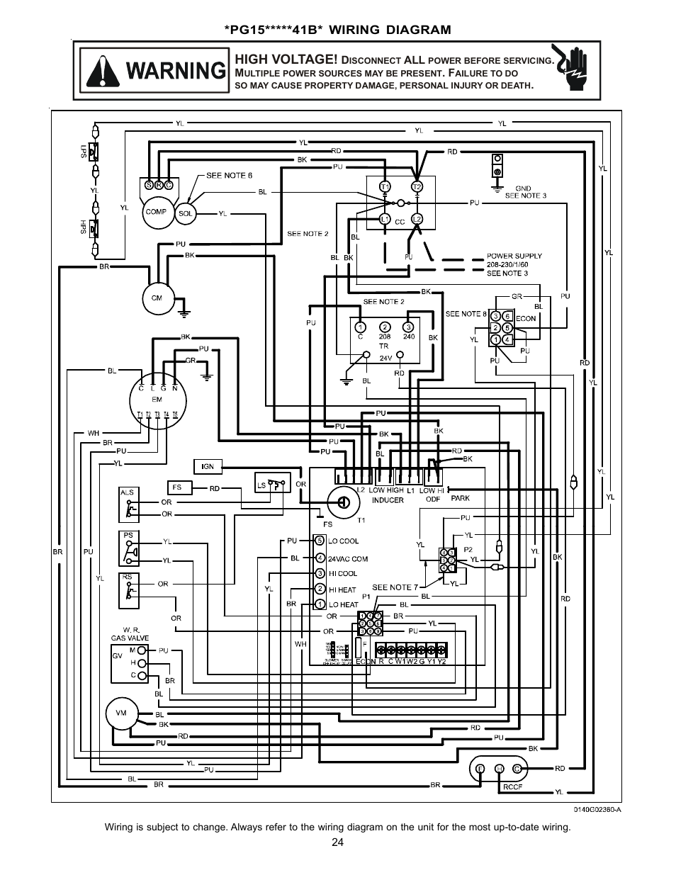 High voltage | Goodman Mfg Seer "m" series PG 15 User Manual | Page 24 / 28