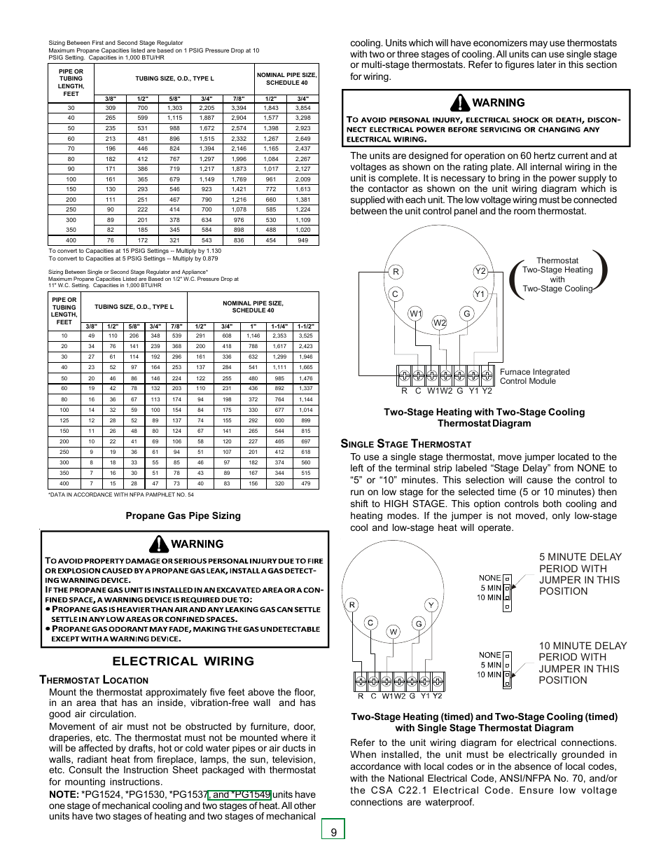 Electrical wiring t, Propane gas pipe sizing | Goodman Mfg Seer "m" series PG 15 User Manual | Page 9 / 28