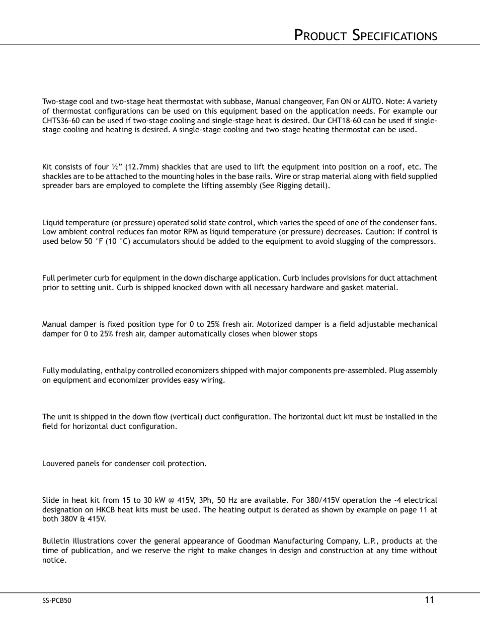 Roduct, Pecifications | Goodman Mfg SS-PCB50 User Manual | Page 11 / 12