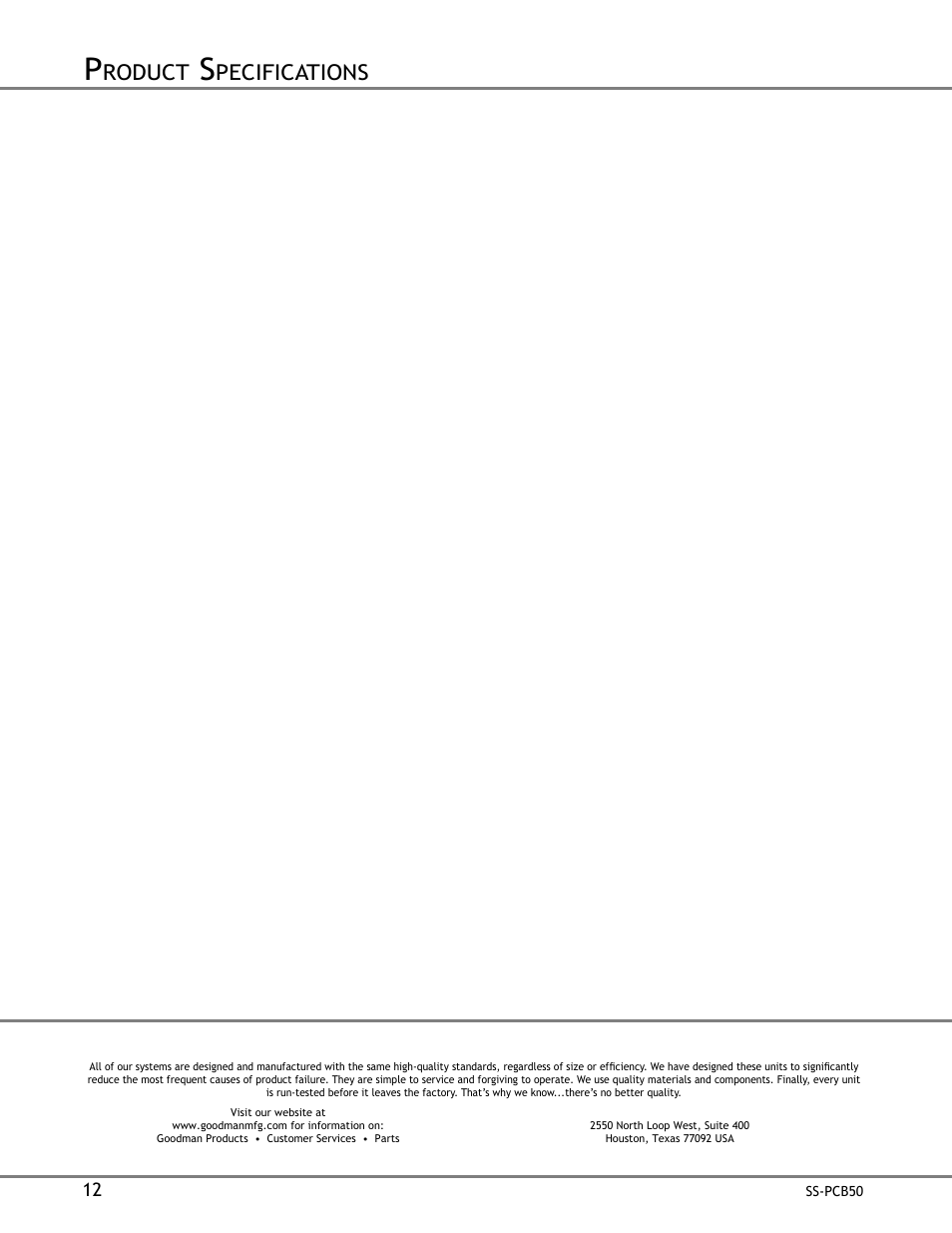 Roduct, Pecifications q | Goodman Mfg SS-PCB50 User Manual | Page 12 / 12