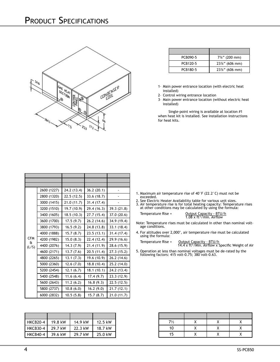 Roduct, Pecifications, Lectrical | Onnections, Lectric | Goodman Mfg SS-PCB50 User Manual | Page 4 / 12