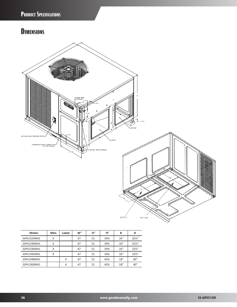Dimensions, Imensions, Roduct | Pecifications | Goodman Mfg GPH13M User Manual | Page 36 / 40