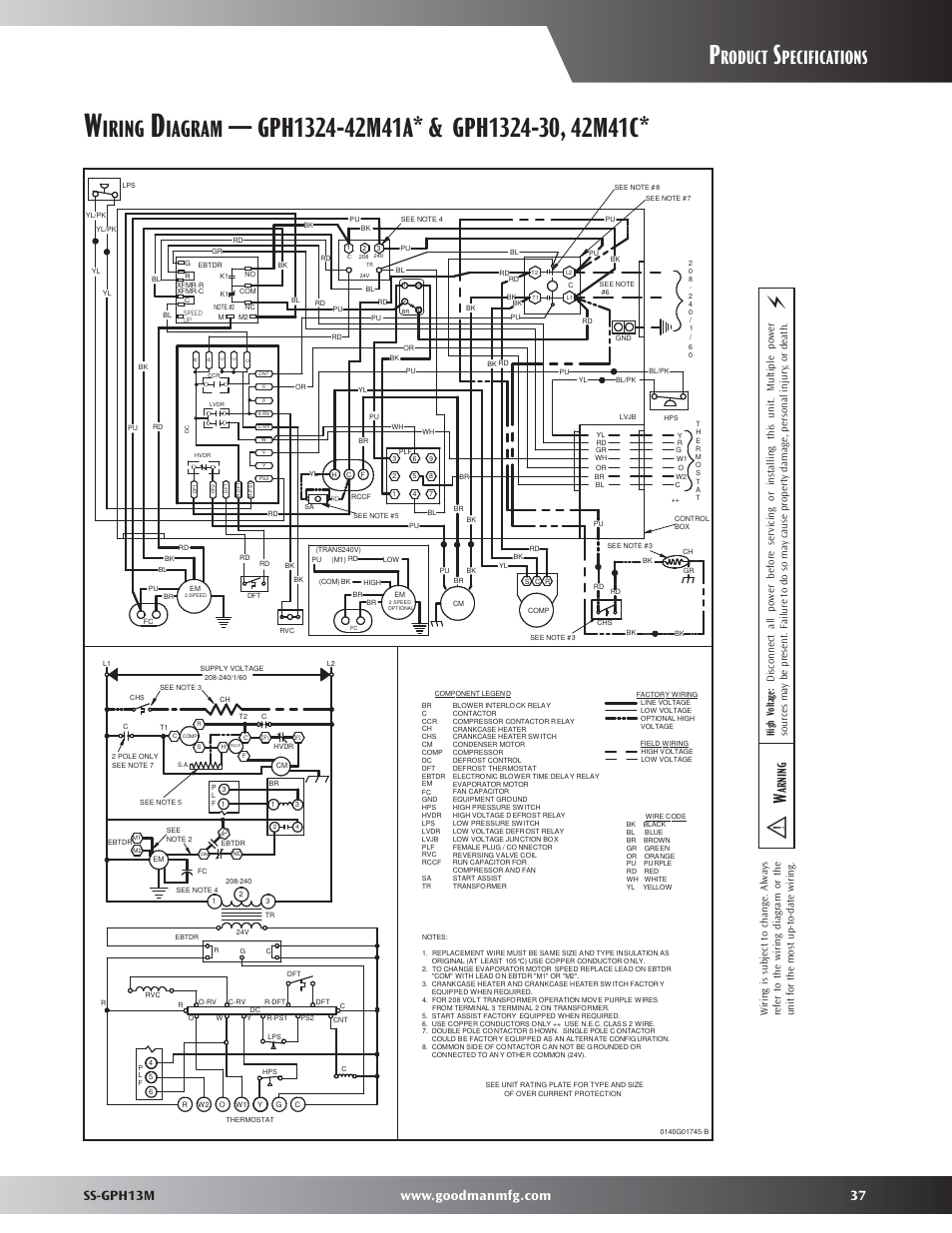 Wiring diagrams, Iring, Iagram | Roduct, Pecifications, Arning | Goodman Mfg GPH13M User Manual | Page 37 / 40