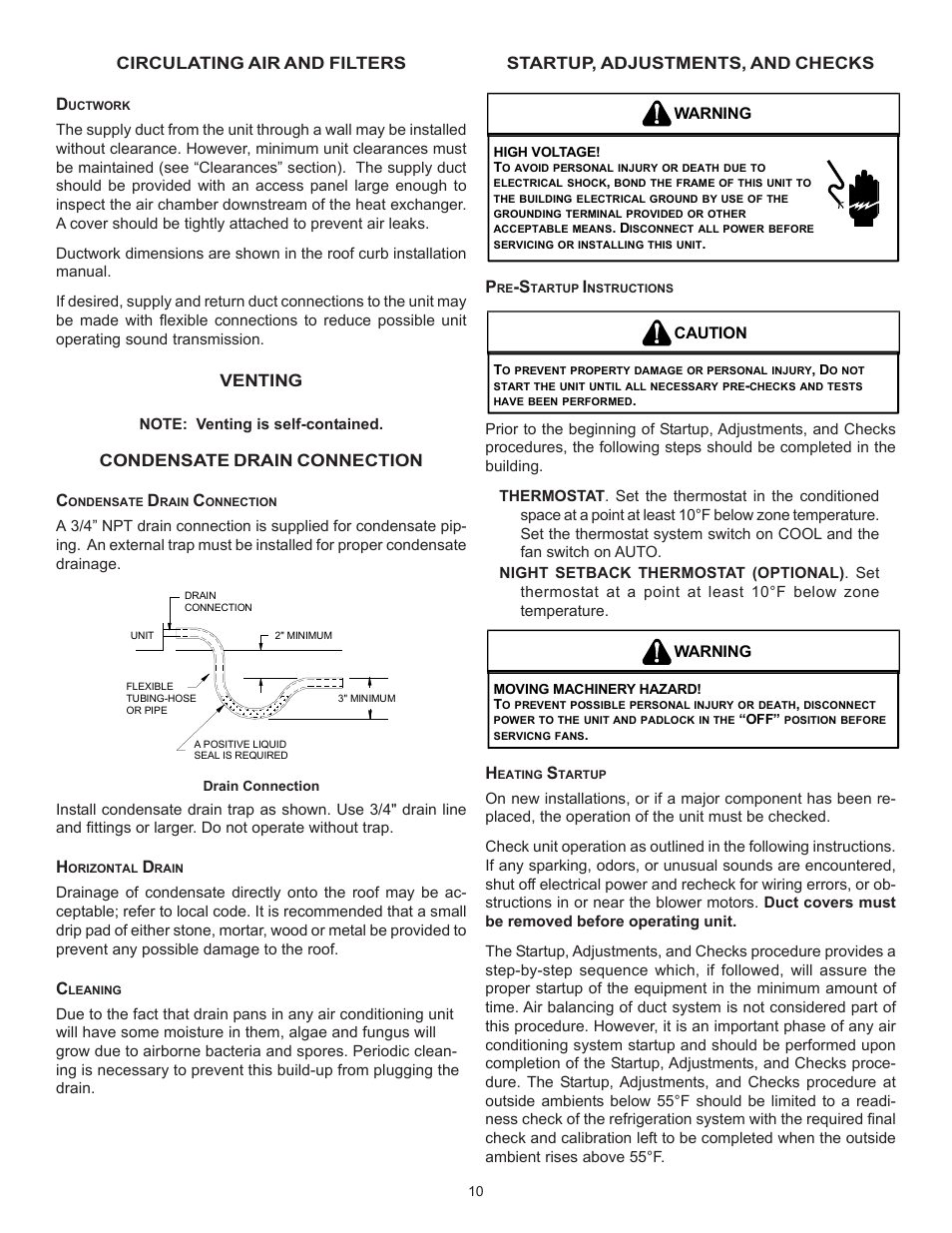 Circulating air and filters d, Venting, Condensate drain connection c | Startup, adjustments, and checks, Warning, Caution | Goodman Mfg Light Commercial Self Contained Packaged Cooling and Heating Unit CPC/CPH User Manual | Page 10 / 28