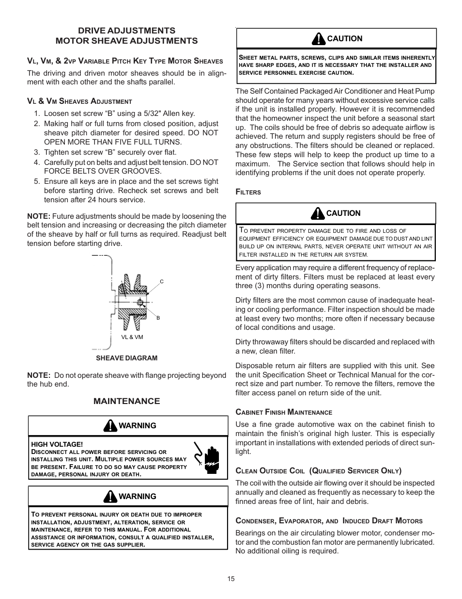 Drive adjustments motor sheave adjustments v, Maintenance | Goodman Mfg Light Commercial Self Contained Packaged Cooling and Heating Unit CPC/CPH User Manual | Page 15 / 28