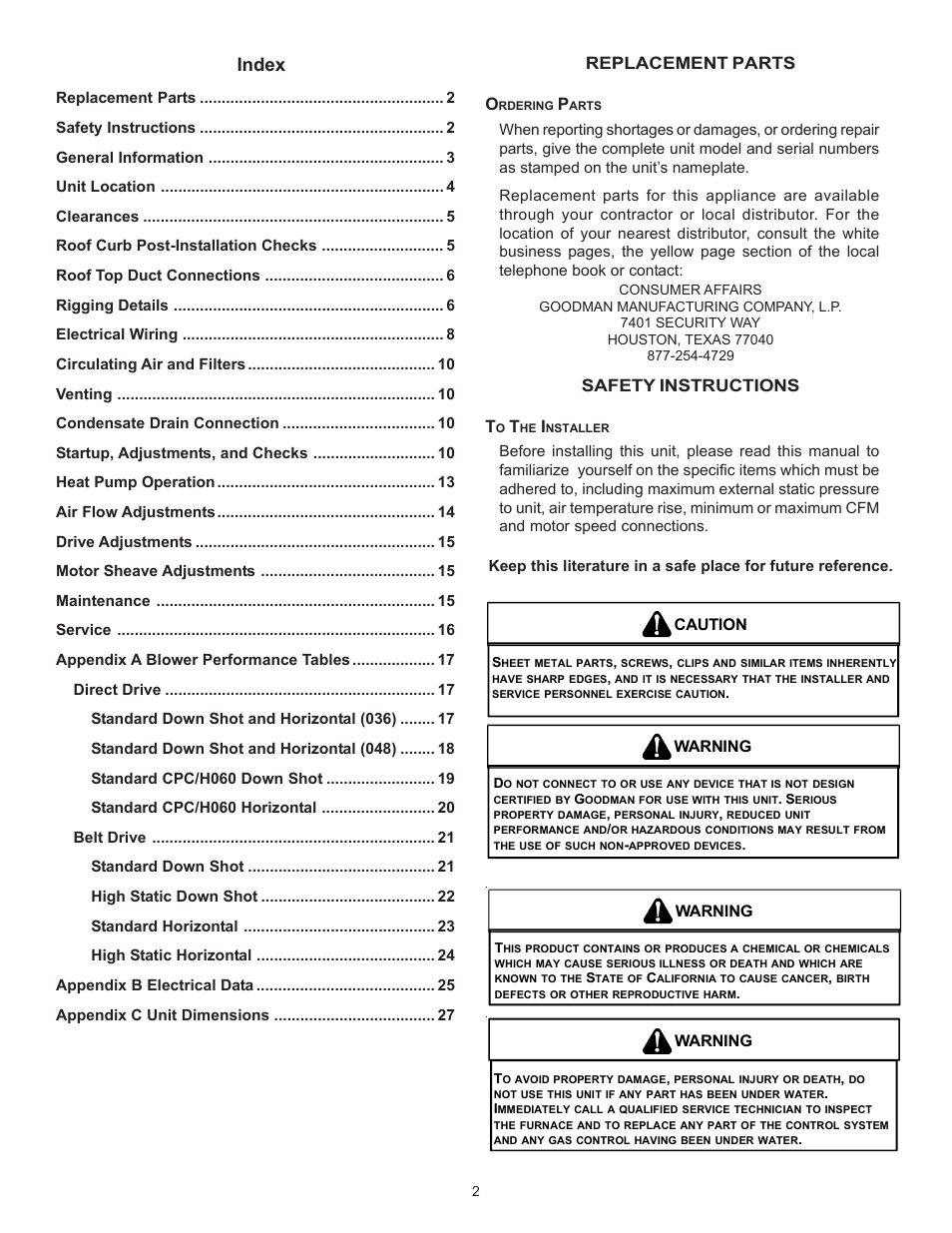 Index, Replacement parts o, Safety instructions t | Caution, Warning | Goodman Mfg Light Commercial Self Contained Packaged Cooling and Heating Unit CPC/CPH User Manual | Page 2 / 28