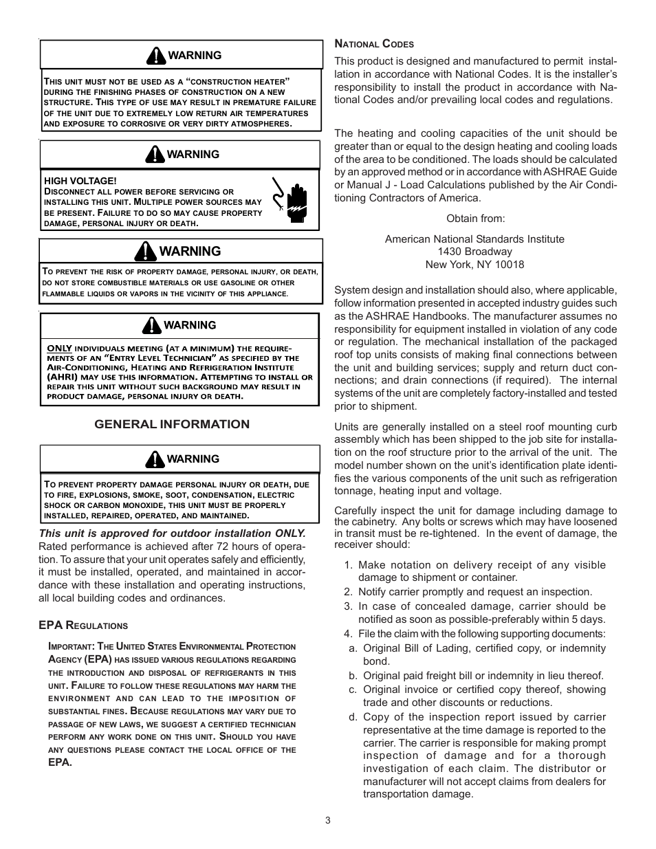 General information, Epa r, Warning | Goodman Mfg Light Commercial Self Contained Packaged Cooling and Heating Unit CPC/CPH User Manual | Page 3 / 28