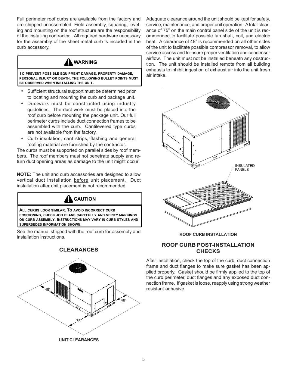 Clearances, Roof curb post-installation checks, Warning | Caution | Goodman Mfg Light Commercial Self Contained Packaged Cooling and Heating Unit CPC/CPH User Manual | Page 5 / 28
