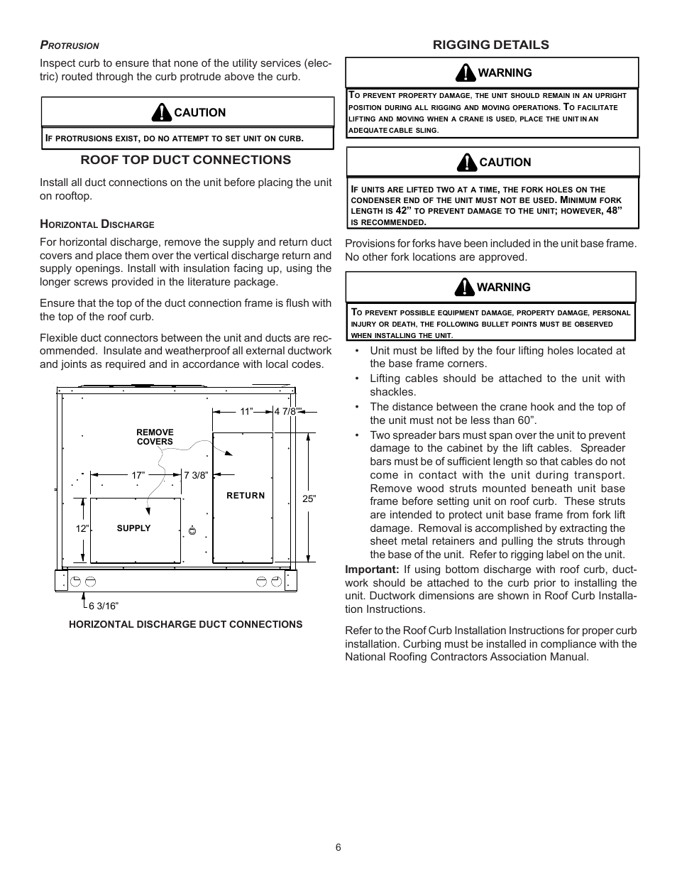 Roof top duct connections, Rigging details, Caution | Warning | Goodman Mfg Light Commercial Self Contained Packaged Cooling and Heating Unit CPC/CPH User Manual | Page 6 / 28