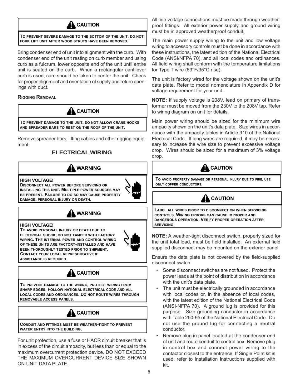 Electrical wiring, Caution, Warning | Goodman Mfg Light Commercial Self Contained Packaged Cooling and Heating Unit CPC/CPH User Manual | Page 8 / 28