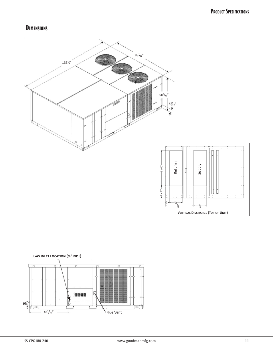 Dimensions, Imensions | Goodman Mfg SS-CPG180-240 User Manual | Page 11 / 24