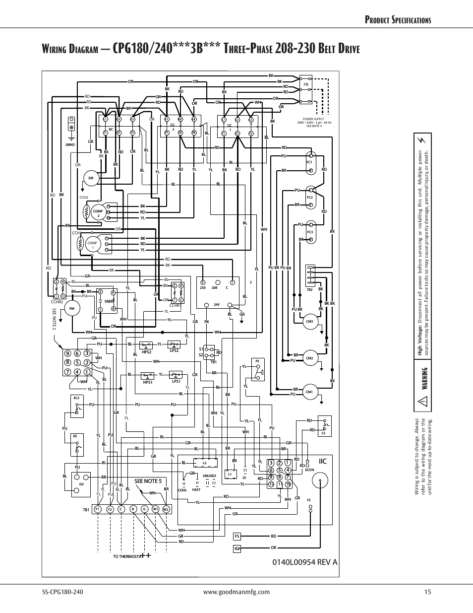 Wiring diagrams, 230 b, Hree | Hase, Rive, Iring, Iagram, Roduct, Pecifications, Warning | Goodman Mfg SS-CPG180-240 User Manual | Page 15 / 24