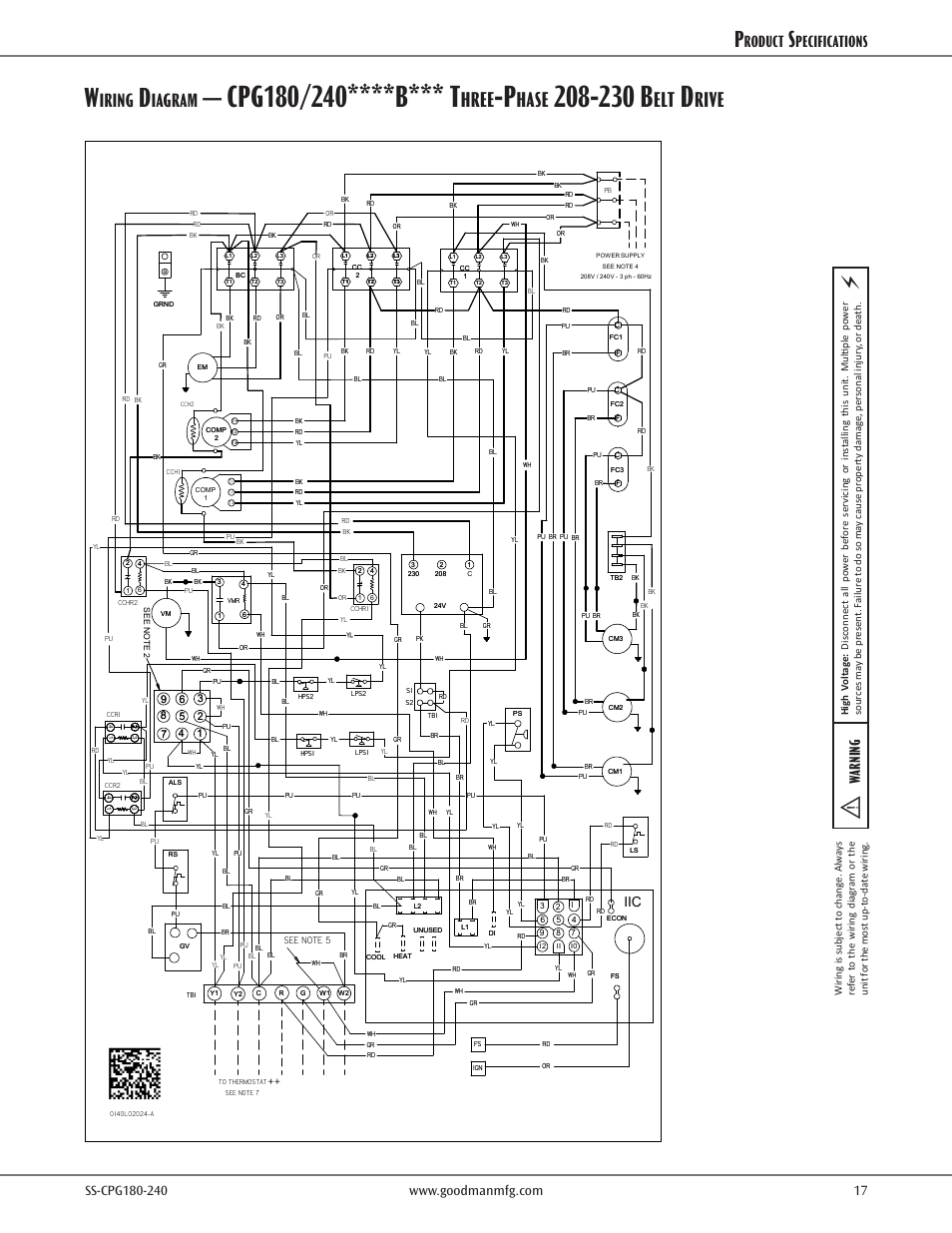230 b, Hree, Hase | Rive, Iring, Iagram, Roduct, Pecifications, Warning | Goodman Mfg SS-CPG180-240 User Manual | Page 17 / 24