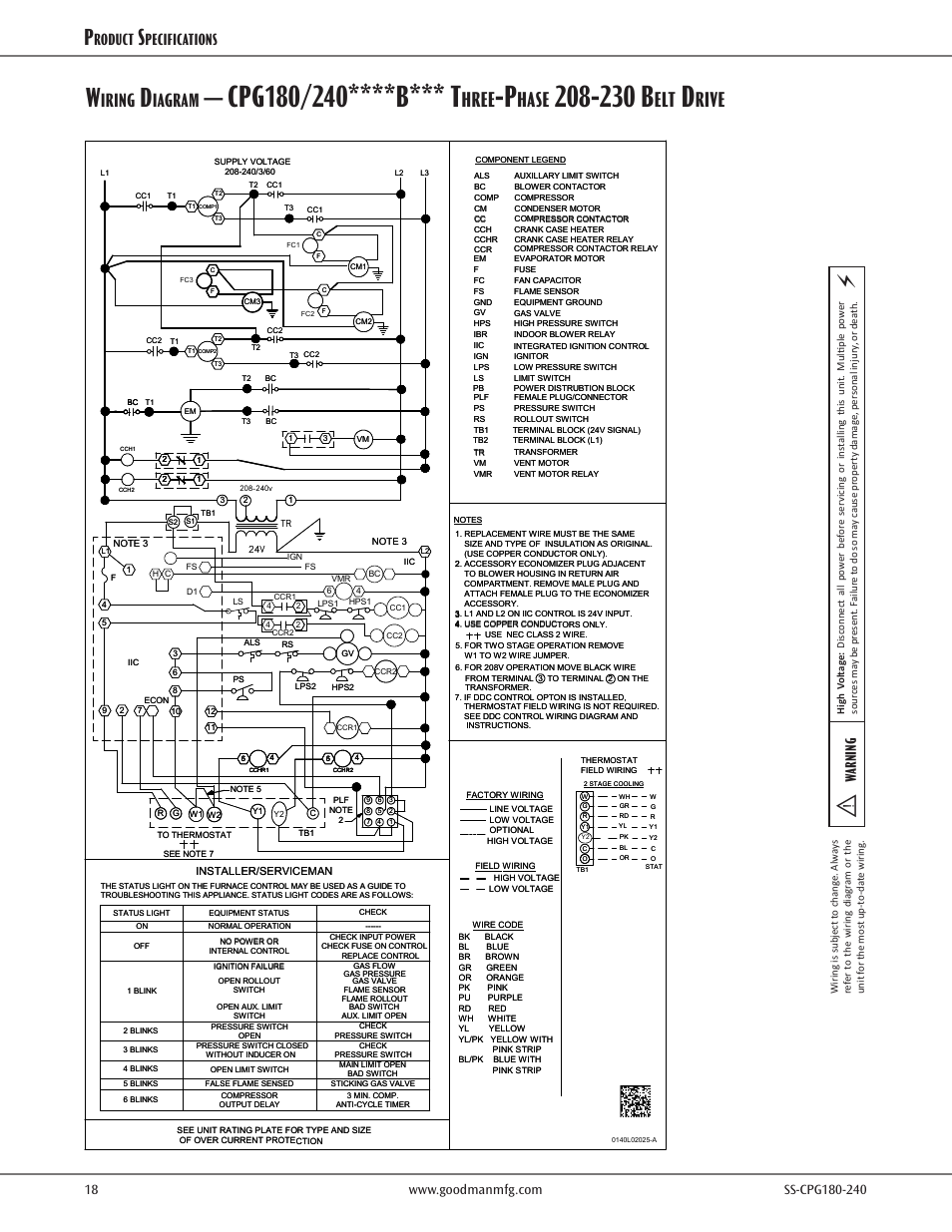 230 b, Hree, Hase | Rive, Iring, Iagram, Roduct, Pecifications, Warning | Goodman Mfg SS-CPG180-240 User Manual | Page 18 / 24