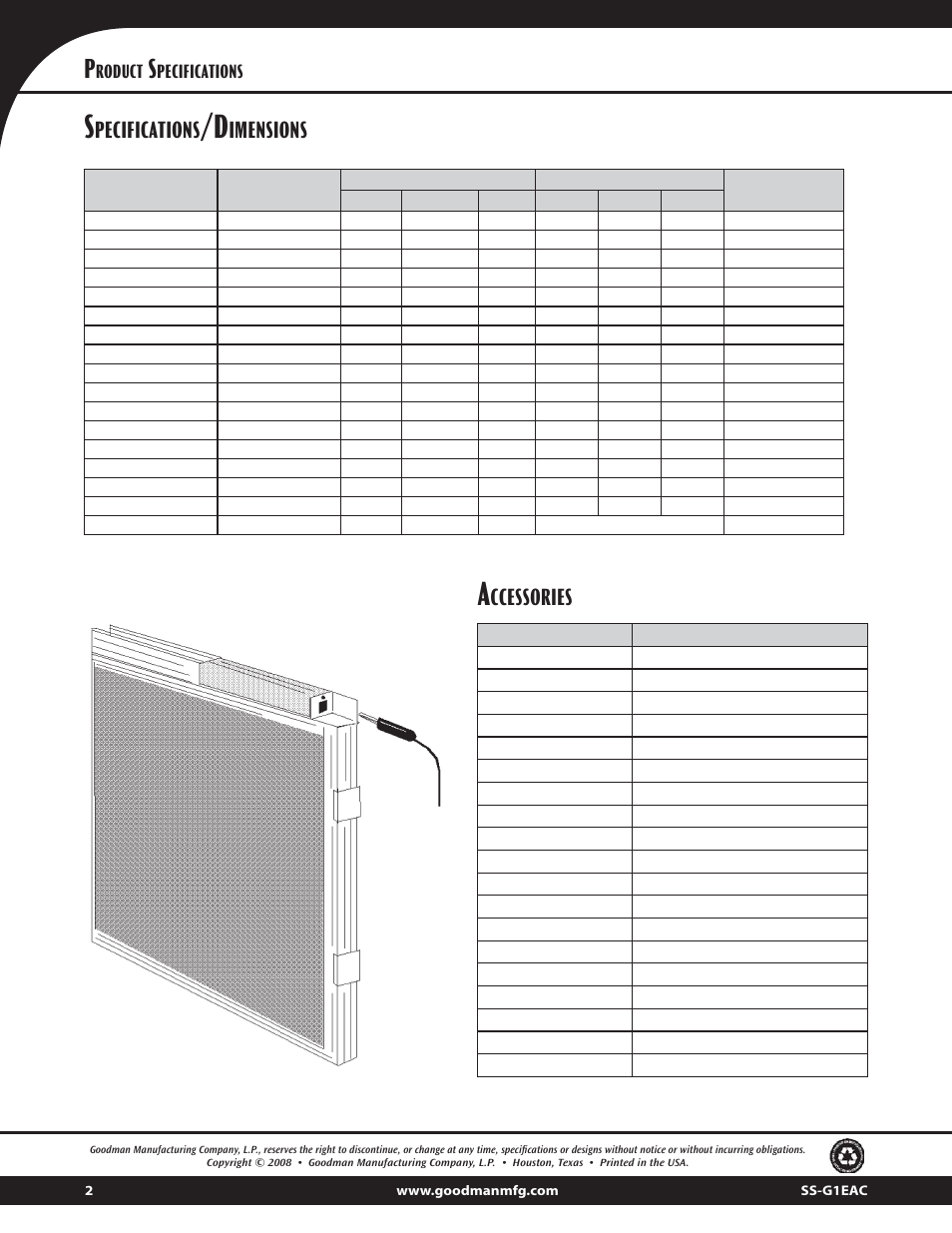 Imensions, Ccessories, Roduct | Pecifications | Goodman Mfg G1EAC Series User Manual | Page 2 / 2