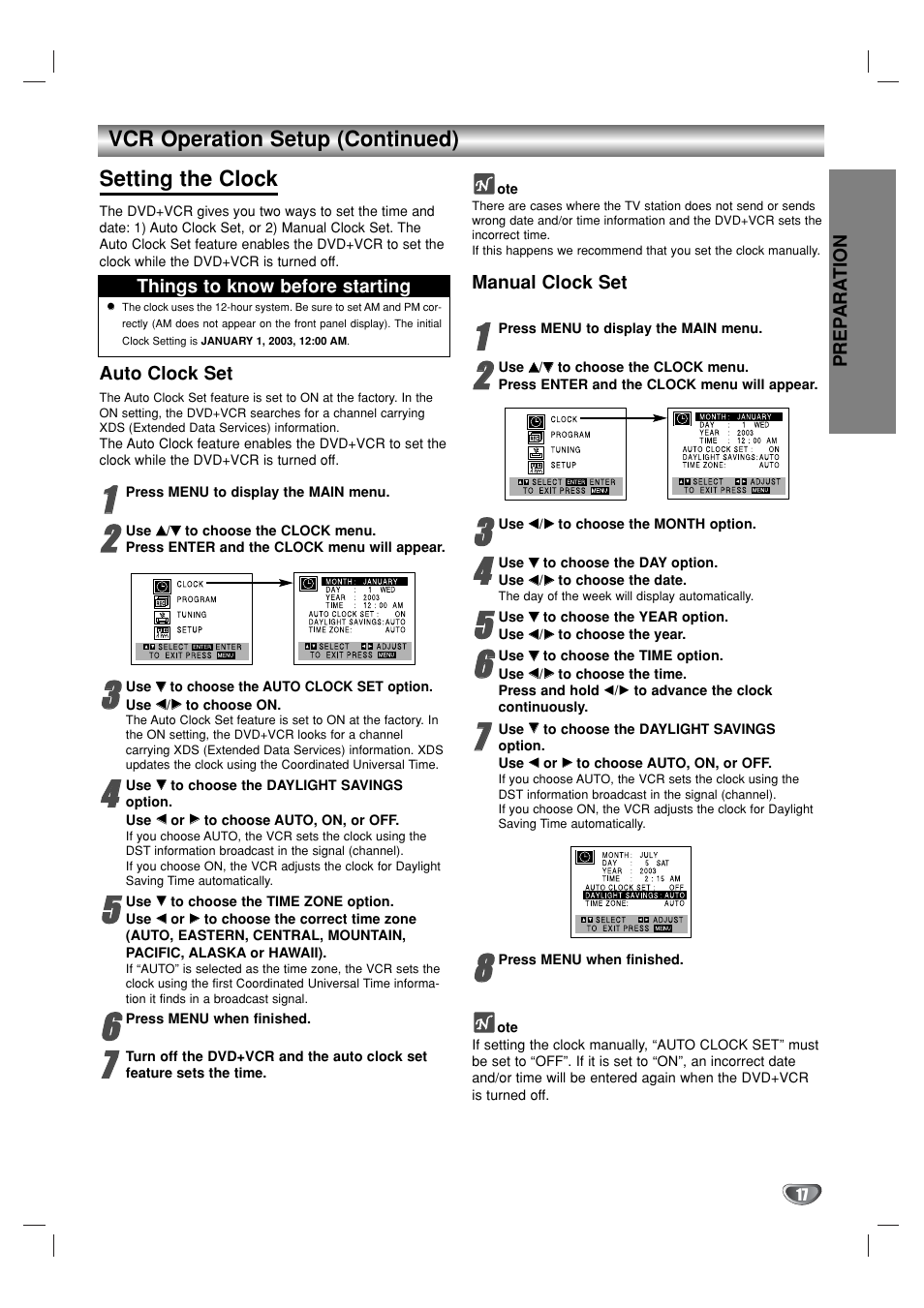 Vcr operation setup (continued) setting the clock | GoVideo DV1130 User Manual | Page 17 / 44
