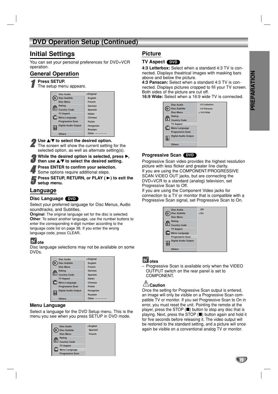 Dvd operation setup (continued) initial settings, Prep ara tion, General operation | Language, Picture, Disc language, Menu language, Tv aspect, Progressive scan | GoVideo DV1130 User Manual | Page 19 / 44