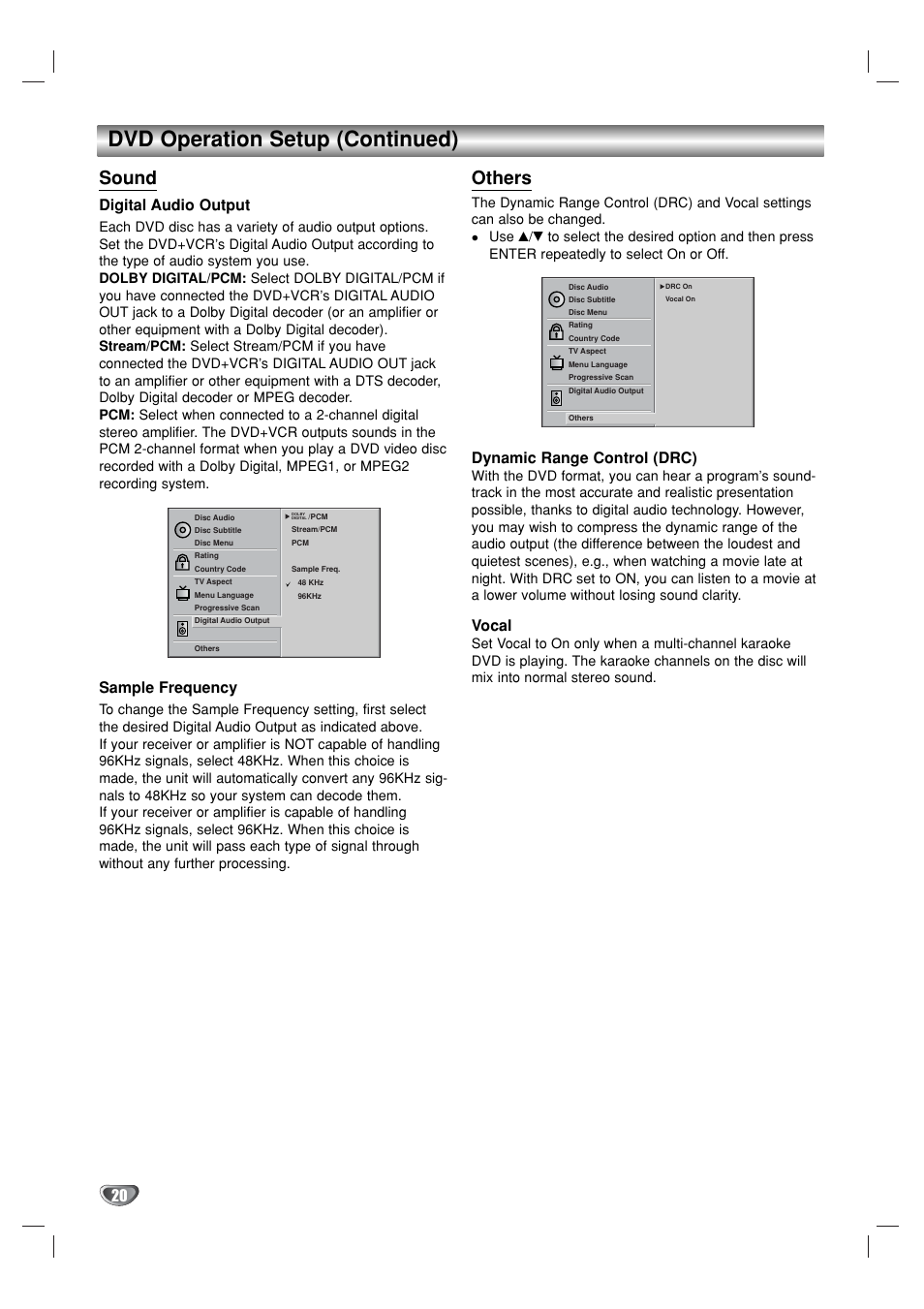 Dvd operation setup (continued), Sound, Others | Digital audio output, Sample frequency, Dynamic range control (drc), Vocal | GoVideo DV1130 User Manual | Page 20 / 44