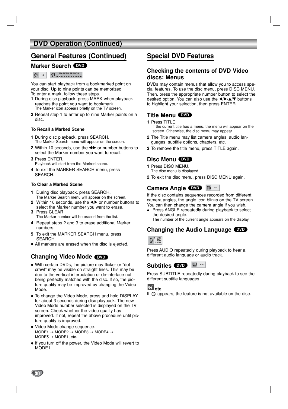 Special dvd features, Marker search, Changing video mode | Checking the contents of dvd video discs: menus, Title menu, Disc menu, Camera angle, Changing the audio language, Subtitles | GoVideo DV1130 User Manual | Page 30 / 44