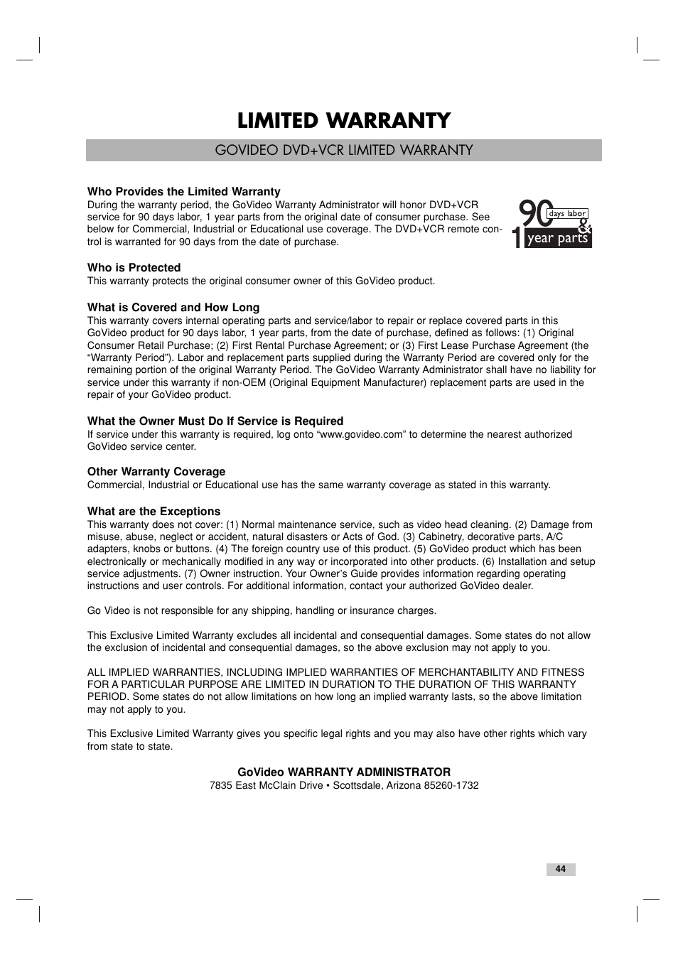 Limited warranty, Year parts | GoVideo DV1130 User Manual | Page 44 / 44