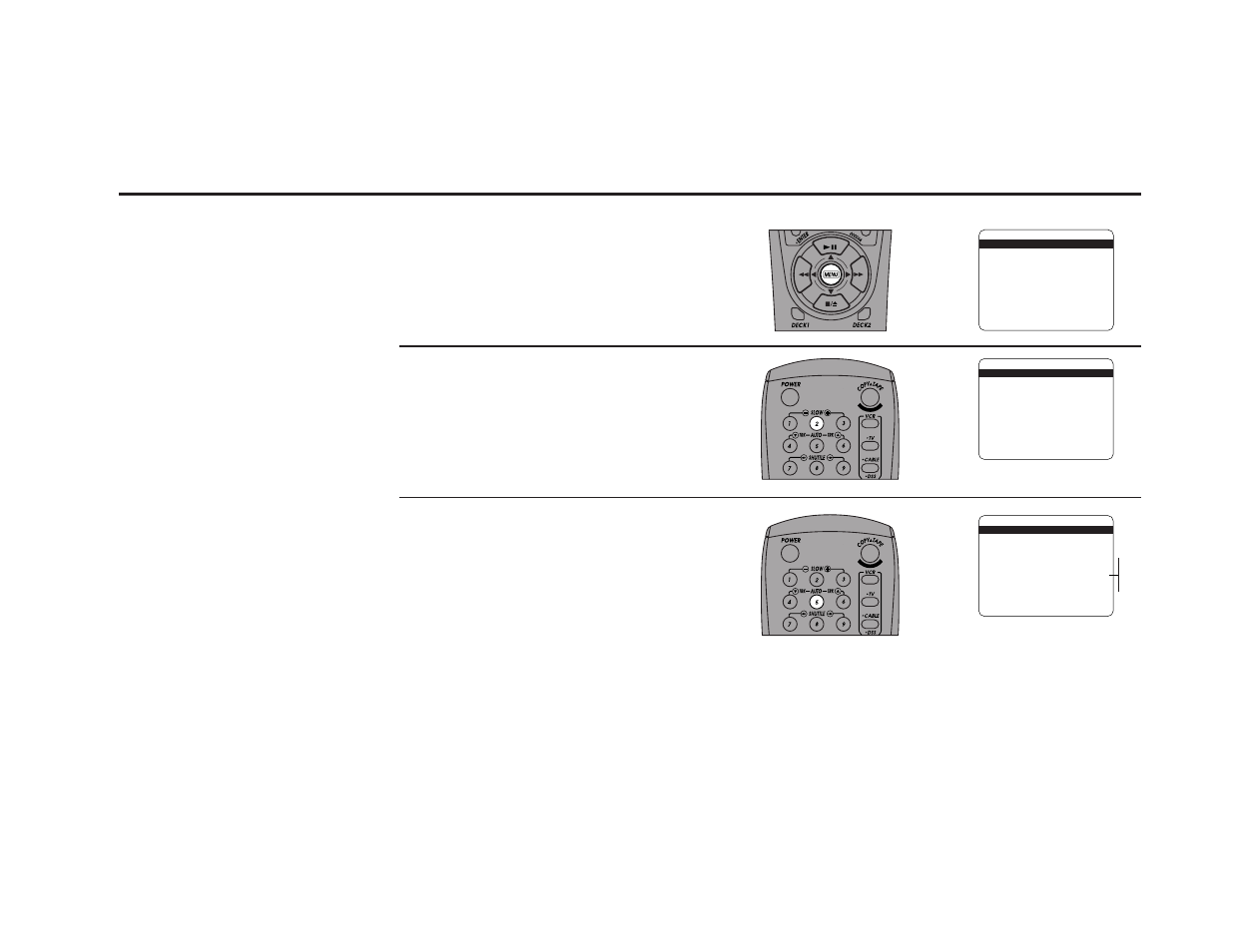 Record source, Open “setup menu, Select “copy/record settings | Set “deck 2 record source, Press and hold the menu button for 3 seconds, Press 2 | GoVideo DDV9475 User Manual | Page 63 / 106