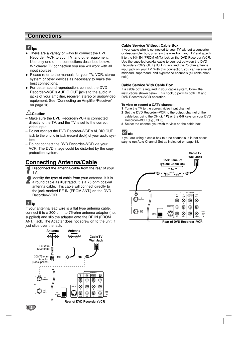 Connections, Connecting antenna/cable, Rf in | Cable service with cable box | GoVideo VR3930 User Manual | Page 14 / 60