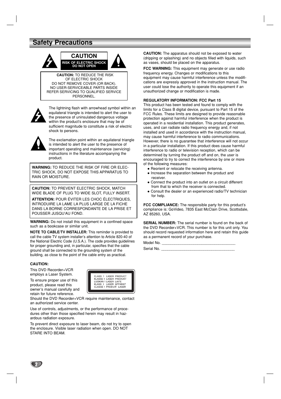 Safety precautions, Caution | GoVideo VR3930 User Manual | Page 2 / 60