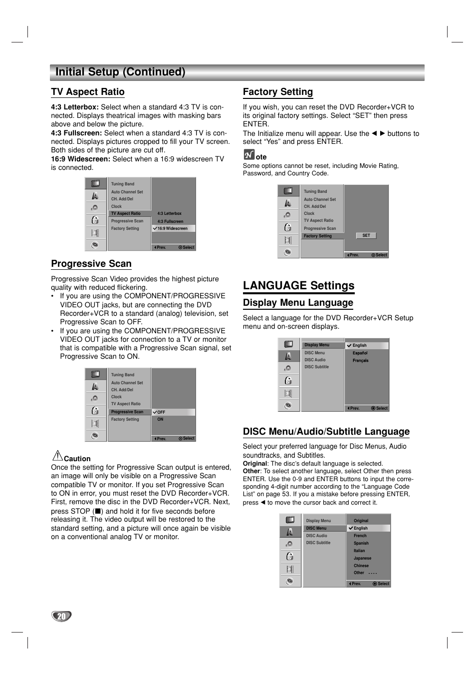 Initial setup (continued), Language settings, Tv aspect ratio | Progressive scan, Factory setting, Display menu language, Disc menu/audio/subtitle language | GoVideo VR3930 User Manual | Page 20 / 60