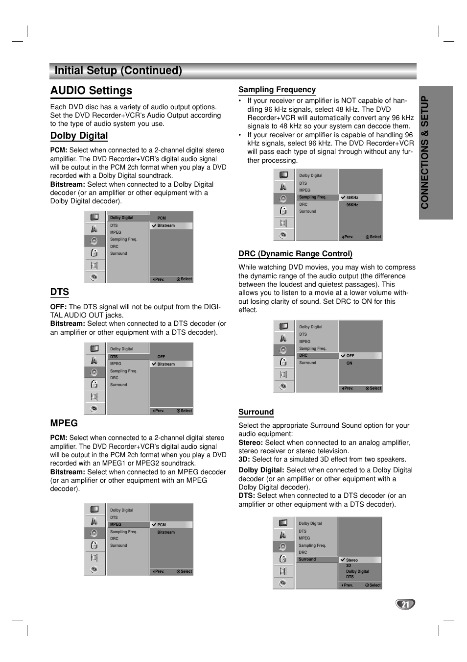 Initial setup (continued) audio settings, Connections & setup, Dolby digital | Mpeg, Sampling frequency, Drc (dynamic range control), Surround | GoVideo VR3930 User Manual | Page 21 / 60