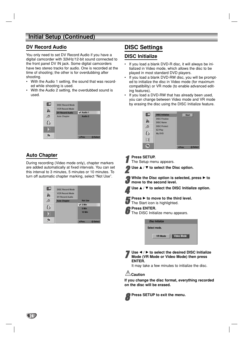 Disc settings, Initial setup (continued) | GoVideo VR3930 User Manual | Page 24 / 60