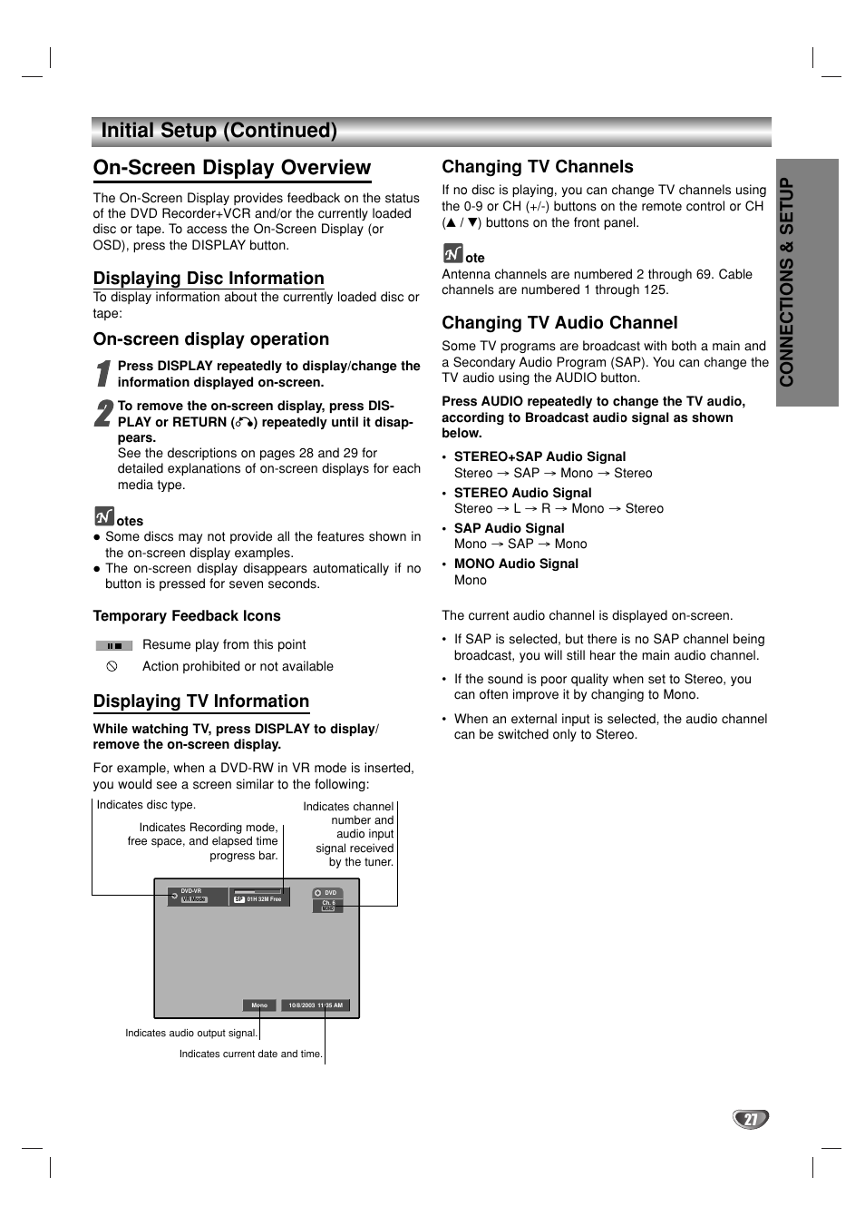Connections & setup, Displaying disc information, On-screen display operation | Displaying tv information, Changing tv channels, Changing tv audio channel | GoVideo VR3930 User Manual | Page 27 / 60
