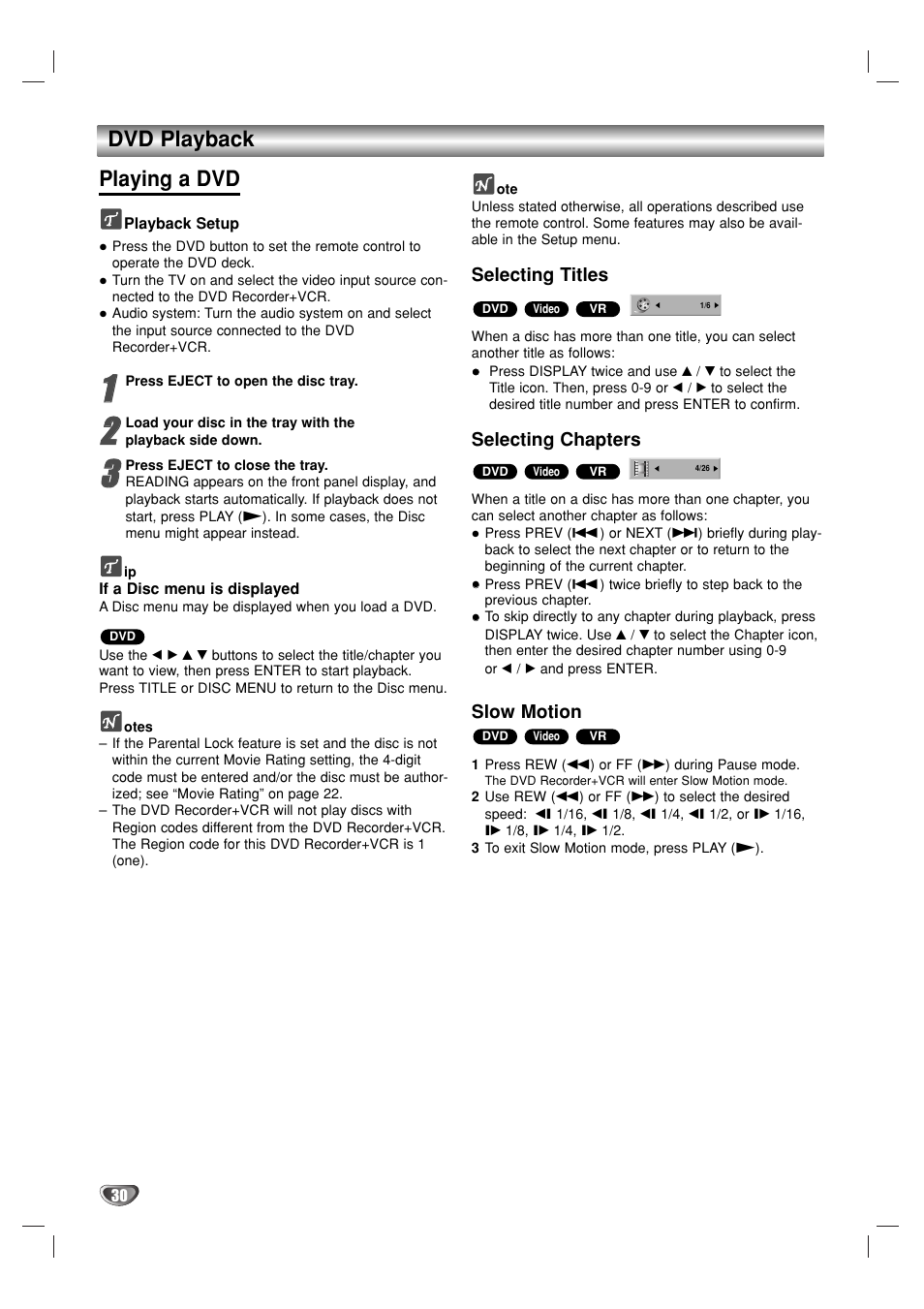 Dvd playback playing a dvd | GoVideo VR3930 User Manual | Page 30 / 60