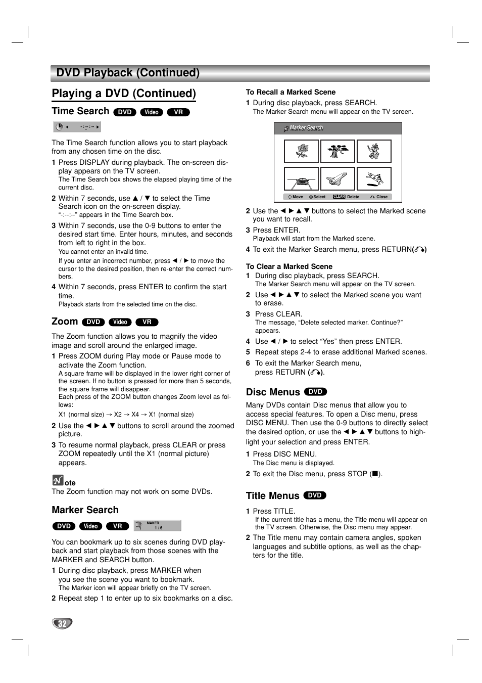 Dvd playback (continued) playing a dvd (continued), Time search, Zoom | Marker search, Disc menus, Title menus | GoVideo VR3930 User Manual | Page 32 / 60