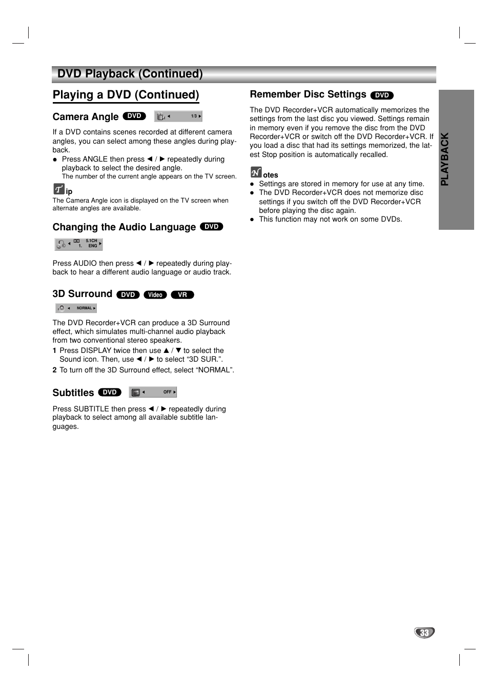 Dvd playback (continued) playing a dvd (continued), Pla yback, Camera angle | Changing the audio language, 3d surround, Subtitles, Remember disc settings | GoVideo VR3930 User Manual | Page 33 / 60