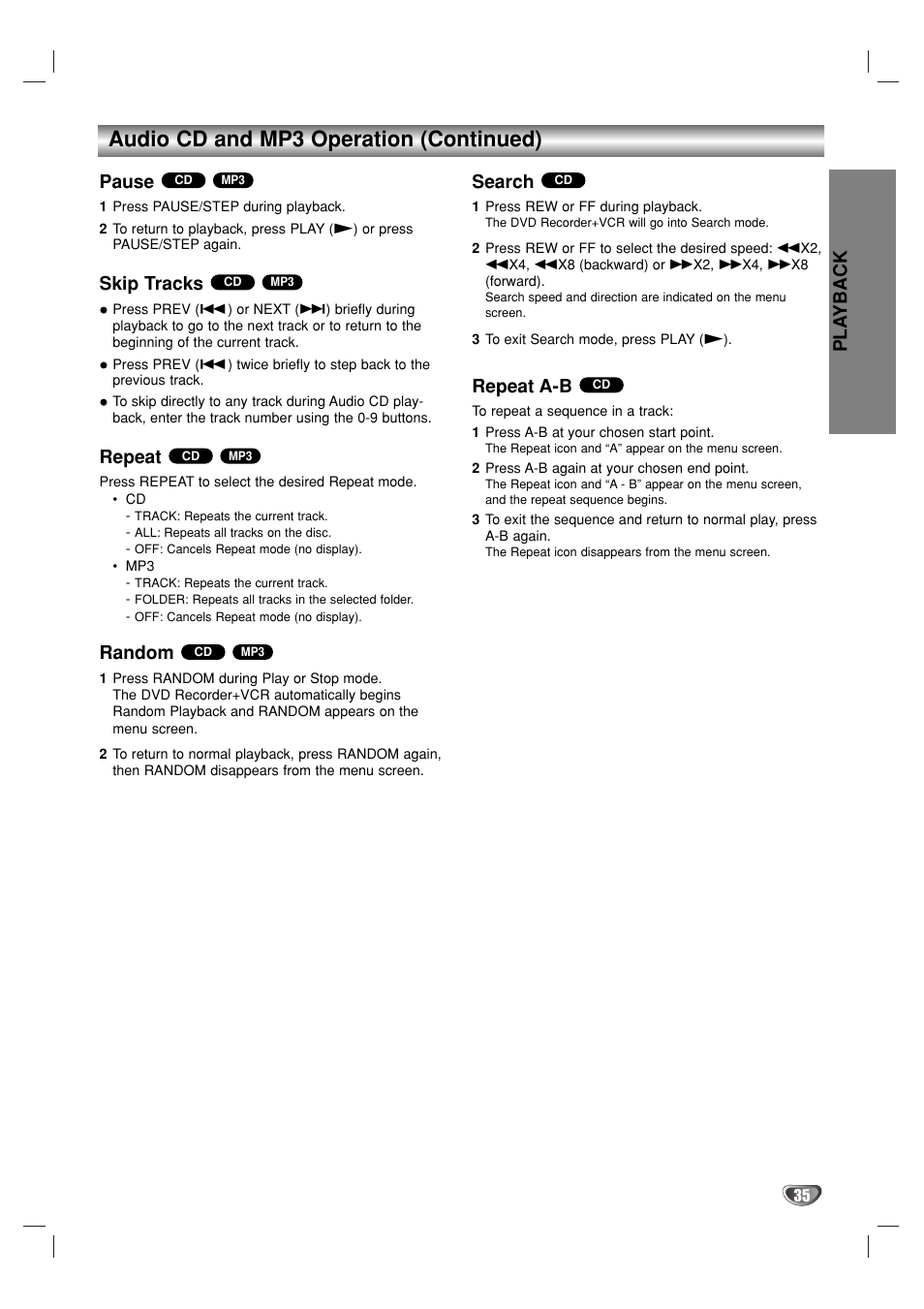 Audio cd and mp3 operation (continued), Pla yback, Pause | Skip tracks, Repeat, Random, Search, Repeat a-b | GoVideo VR3930 User Manual | Page 35 / 60