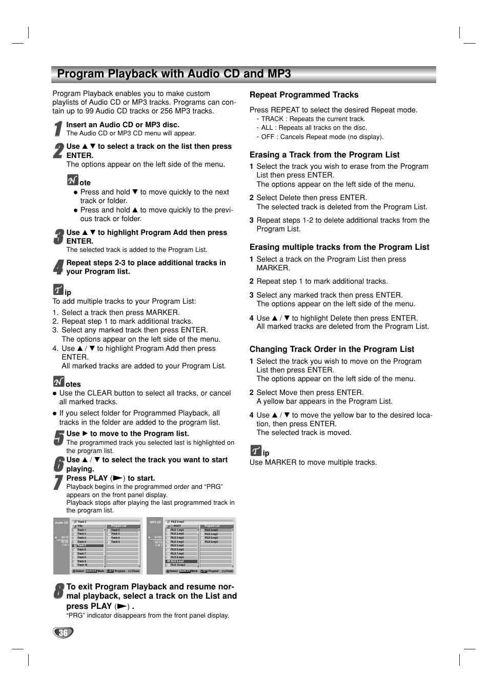 Program playback with audio cd and mp3 | GoVideo VR3930 User Manual | Page 36 / 60