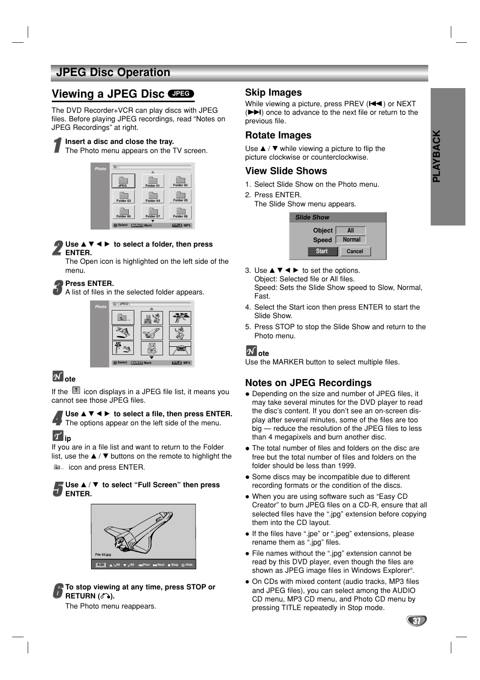 Viewing a jpeg disc, Jpeg disc operation, Pla yback | Skip images, Rotate images, View slide shows | GoVideo VR3930 User Manual | Page 37 / 60
