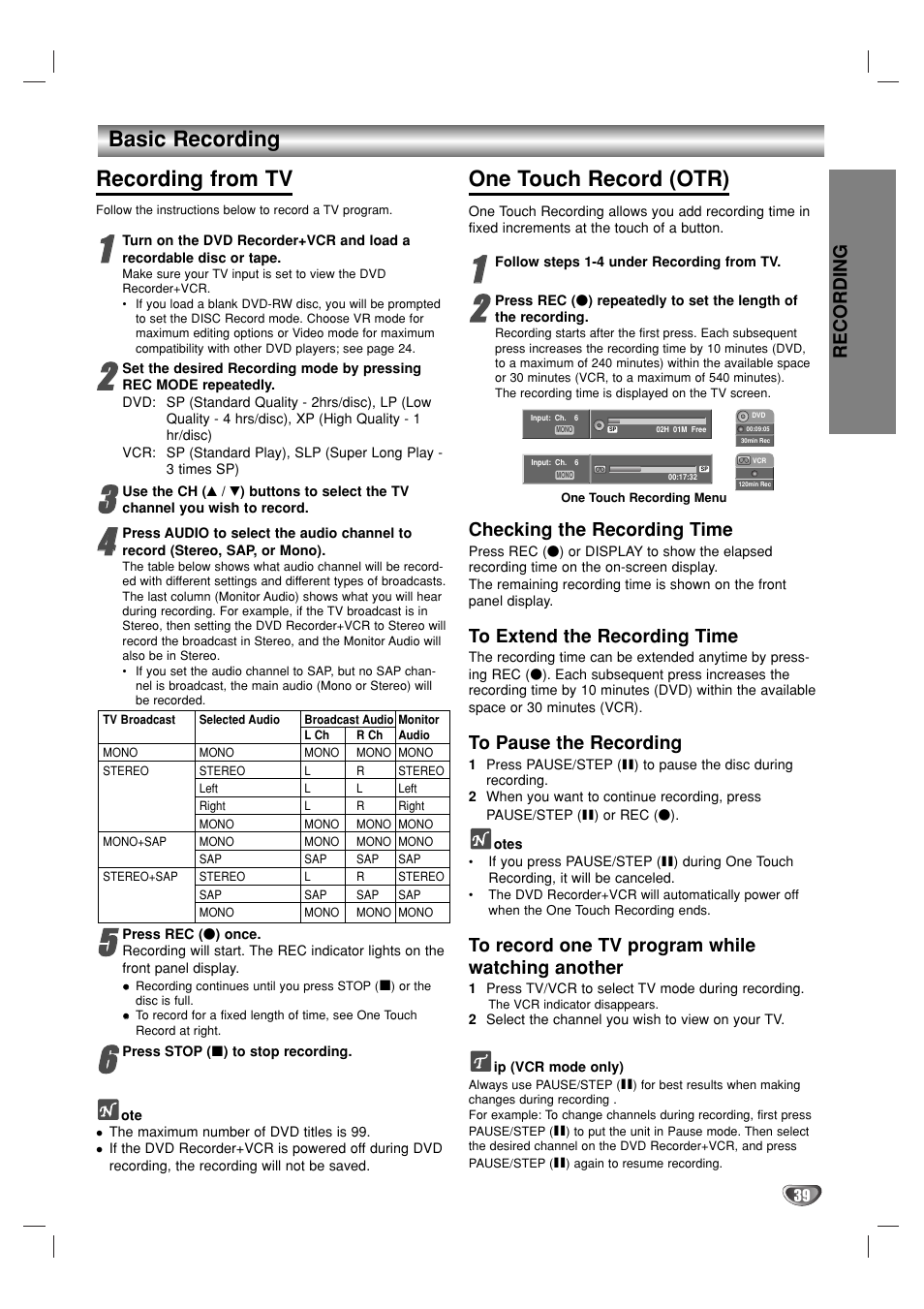 Basic recording recording from tv, One touch record (otr), Recording | Checking the recording time | GoVideo VR3930 User Manual | Page 39 / 60