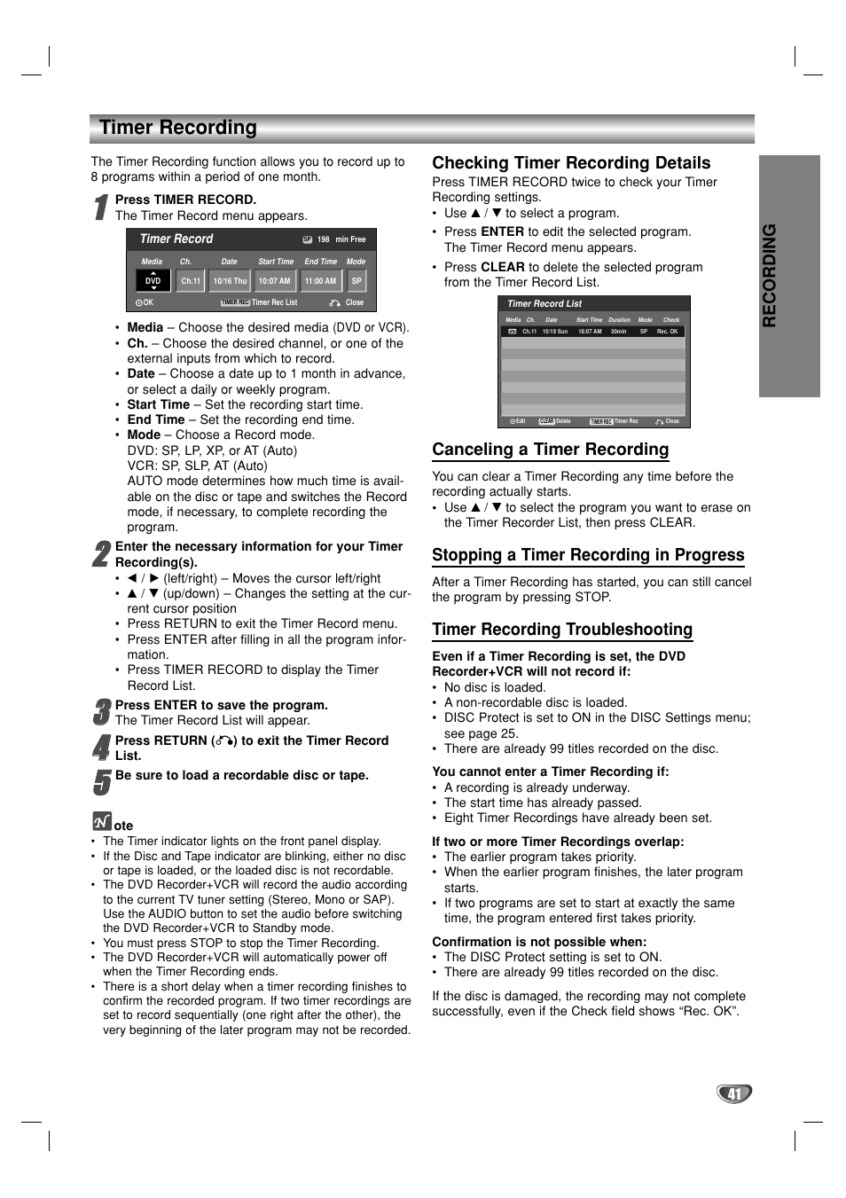 Timer recording, Recording, Checking timer recording details | Canceling a timer recording, Stopping a timer recording in progress, Timer recording troubleshooting | GoVideo VR3930 User Manual | Page 41 / 60
